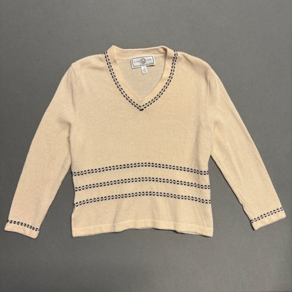 St. John Sport V-Neck Wool Blend Sweater Small Cream Women's